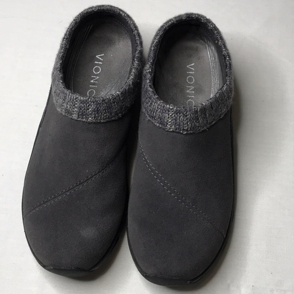 Vionic Arbor Grey Suede Knit-Trim Clogs Women’s Size 7.5